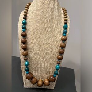 Light Brown Wood & Emerald Green Beaded Necklace